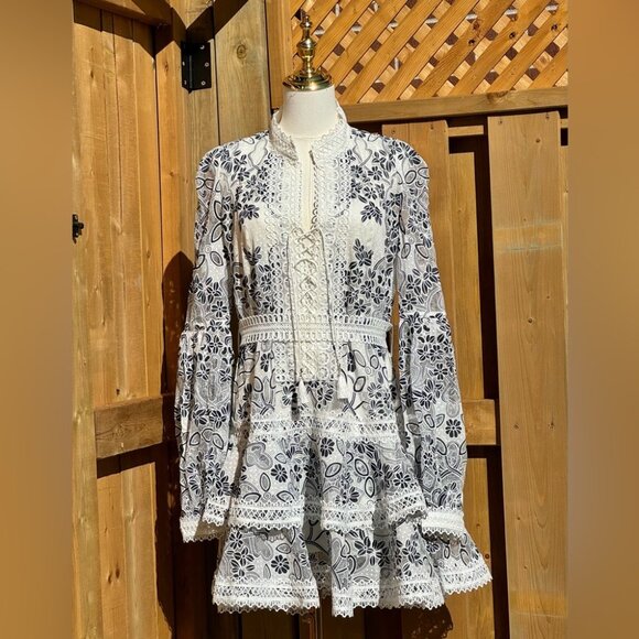 🆕 BRONX & BANCO 🧿 NWOT Santorini Long-Sleeve Tiered Floral Burnout Dress, Sz M - Picture 11 of 17
